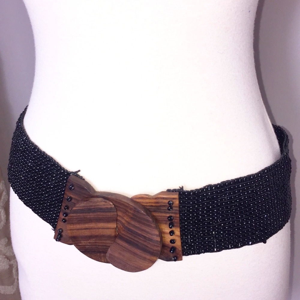 Vintage Black Seed Bead and Wooden Buckle Belt